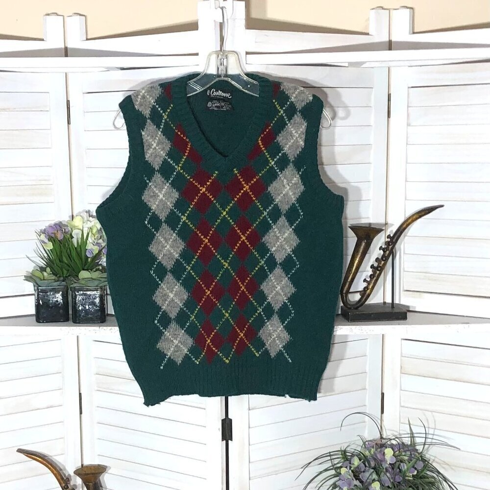 Vintage 90s Wool Vest Argyle Green Red Knit XL